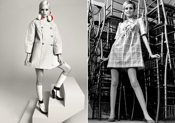 Két kor, két divatfotó: a Loewe-kabát sziluettje kísértetiesen emlékeztet a Twiggy-n látható bő ruhafazonra, mely szintén kislányos és nőies egyben.