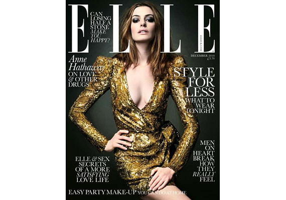 A Midas érintése nevű sorozaton sztárok pózoltak aranyszínű ruhákban és kiegészítőkben az Elle címlapján - itt éppen Anne Hathaway.