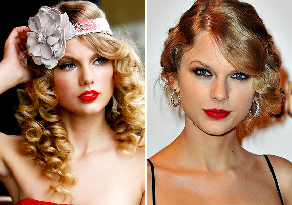 <b>Taylor Swift</b>nek jól áll a húszas, harmincas évek stílusa: a narancsos és pinkes tónusú vörös rúzst aranyló vagy füstös szemfestékkel ötvözi.