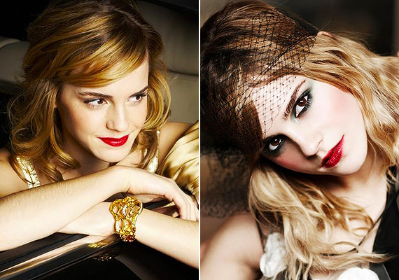 <b>Emma Watson</b> kislányos stílusa már a múlté. Ha fotózásra hívják, a stylistok is inkább a dögös dívát látják meg benne. A vörös rúzs igazi vintage lady-t varázsolt belőle.