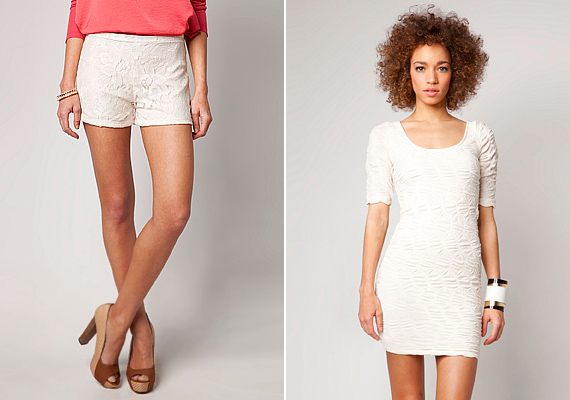Hófehér minimalizmus: a csipkés sort 5995 forint, a ráncolt ruha 6995 forint.