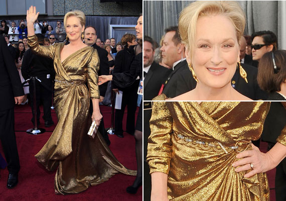 Meryl Streep talpig aranyba öltözött, és ehhez Fred Leighton-ékszereket választott, valamint Lanvin-táskát.