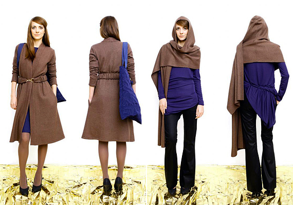 Indigókék és barna összeállítások: pamutvászon ruha öves gyapjúkardigánnal, illetve óriás gyapjúsál, mely pelerinként is viselhető.