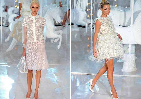 Louis Vuitton idén pasztellben pompázott, fehér ruhái a romantika csúcsai.
