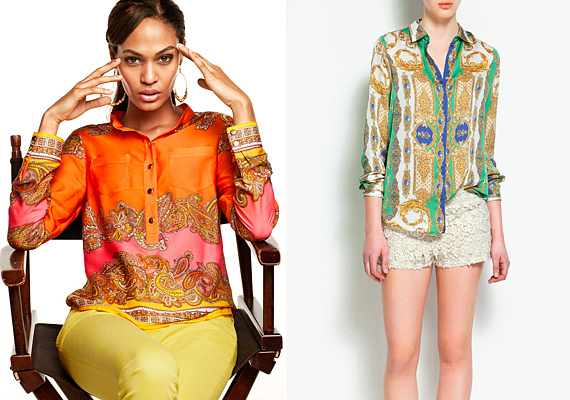 Élénk színek, divatos kendőminta: a H&M derűs, narancsos ingblúza 6990 forint, a Zara medálmintás változata 9995 forint.