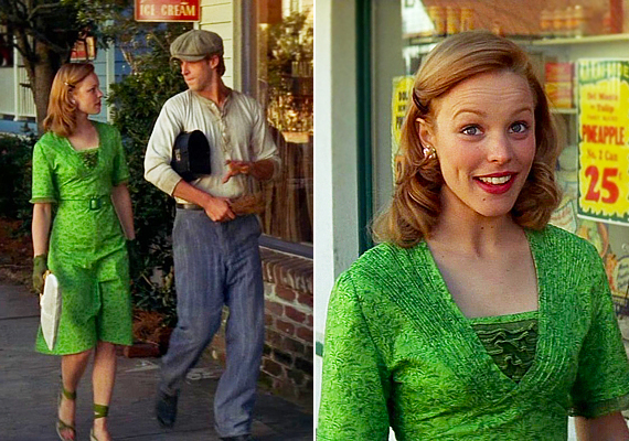 A negyvenes években játszódó szerelmi történetben olyan ruhakreációk bukkannak fel, melyek ma is aktuálisak a vintage divatőrületnek köszönhetően. Ha mézszőke a hajad, mint az Allie-t alakító Rachel McAdams-nek, a zöld színű, múltidéző ruhákat semmiképp se hagyd ki a nyári repertoárodból.