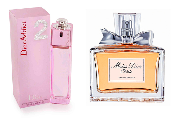A Dior Addict 2 illatharmóniájában bergamott, narancs, frézia, gránátalma, cédrus és lótusz aromája keveredik. A Miss Dior a negyvenes évek elegáns parfümje, jázminnal, rózsával, nárcisszal, liliommal, tölgymohával, ámbrával és szantálfával.