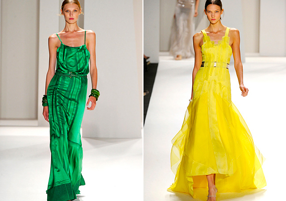 Szikrázóan élénk, smaragdzöld és topáz sárga estélyi ruha, Carolina Herrerától.