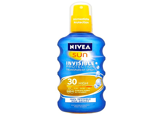 Nivea Sun Invisible Protection spray SPF 30: a termék 30-as faktorral véd a leégés ellen, ezenkívül praktikus, pumpás adagolója is a használata mellett szól. Gyorsan felszívódik, nem ragad.
