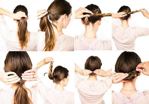 Egy bonyolultabb módja a csavart kontykészítésnek: fogd össze gumival a hajad, majd húzd szét a tarkódon a tincseket. Egészen a hajvégekig csavard meg a lófarkadat, azután vezesd át a széthúzott tincseken. A kontyot hajtűkkel rögzítsd. /Forrás: http://www.ehow.com/