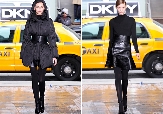 A DKNY-kollekcióban a pufi, vastag, nehézkes anyagok sem fordulnak a formás női alak ellen. A fazonok és az övek is arra törekednek, hogy hangsúlyozzák a karcsú derekat.
