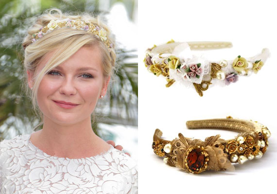 Kirsten Dunst bájos, vidéki kislányos megjelenését erősítette a virágos hajdísszel - jobbra a Dolce & Gabbana darabjai. /Forrás: http://www.vogue.de/