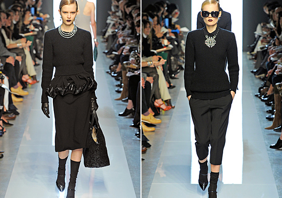 A Bottega Veneta drámai kollekciójában maszkulin és feminin hatások keverednek, az egyszerű fekete pulóver pedig elegáns stílusban jelenik meg. /Forrás: http://www.style.com//