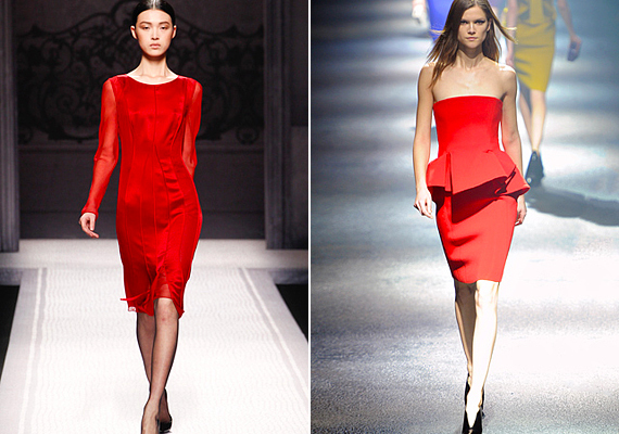 Alberta Ferretti finom vonalvezetésű, a Lanvin pedig peplum fazonú ruhát tervezett pirosban. /Forrás: www.style.com/