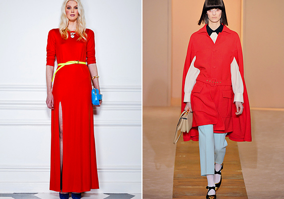 Csipetnyi kékkel és sárgával kissé bohókás, szürkés pasztellkékkel pedig finom hatást kelt a piros: Juicy Couture és Marni. /Forrás: www.style.com/