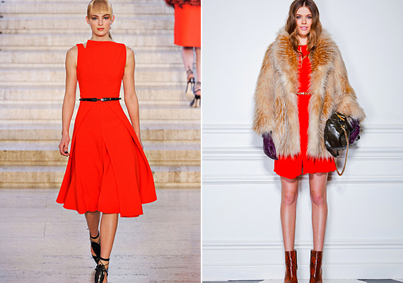 Az egyszerű szabású vörös ruha elegáns is lehet egy fekete övvel és cipellővel, ám színes kiegészítőkkel bohókás hatást kelt: balra Antonio Berardi, jobbra a J.Crew összeállítása. /Forrás: www.style.com/