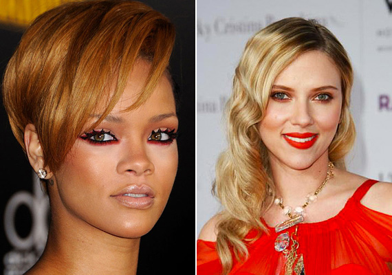 Rihanna egy extrémebb verzióval kísérletezett, Scarlett Johansson pedig üde, elegáns vintage sminkbe ültette a vöröses szemfestéket. /Forrás: www.ourvanity.com; celebbeautypolice.blogspot.hu/