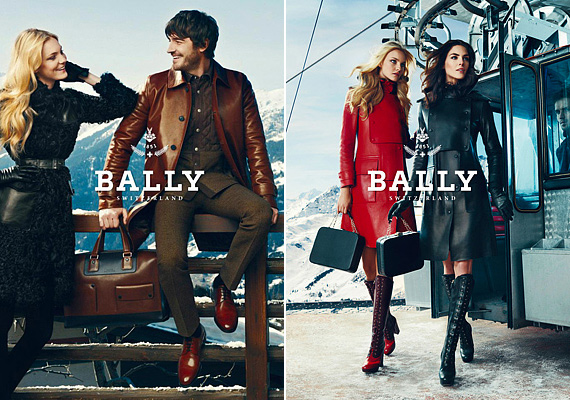 A svájci Bally márka ismét egy téli csodaországba, vagyis egy síparadicsomba helyezte modelljeit. A dupla randi főszereplői - Caroline Trentini és Hilary Rhoda - meglepő módon elegáns luxusruhákban flangálnak a zord hegycsúcson, síoverall helyett. Fotók: Norman Jean Roy. /Forrás: www.fashioncraz.com//