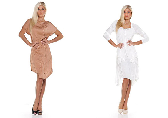 Könnyed, aszimmetrikus ruhácskák: a selyemfényű, homokszínű darab 16 400 forint, a hófehér ruha 25 800 forint. /Forrás: www.facebook.com/magenta.mgnt/