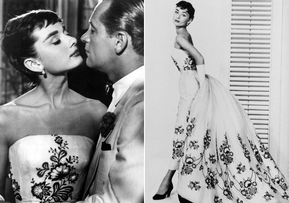 Audrey Hepburn kalocsai motívumokkal díszített Givenchy-ben a Sabrina című filmben.