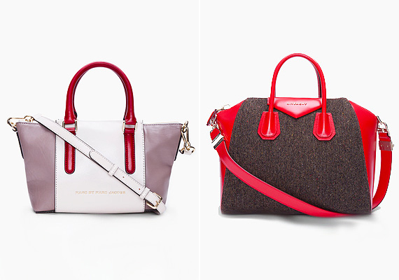 Néhány táskán csak itt-ott bukkan fel a bordó vagy a vörös valamely árnyalata, mint a Marc by Marc Jacobs és a Givenchy kombinált darabjain. /Forrás: http://www.ssense.com/