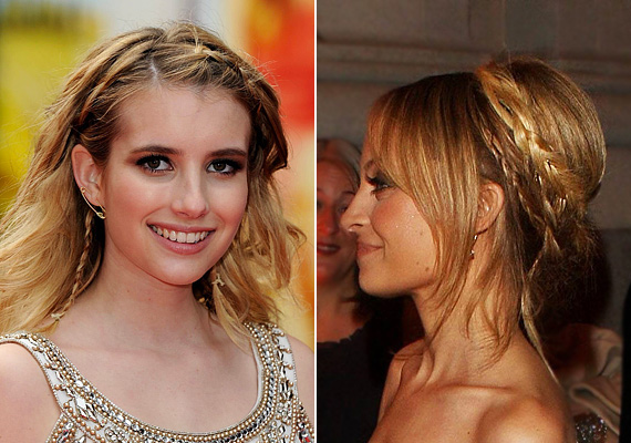 Emma Roberts bohém frizurája kicsit hippis jelleget kapott a fonott tincsekkel, Nicole Richie pedig a hatvanas éveket idézte meg a körbefont tupírkontyával. /Forrás: beauty.about.com/