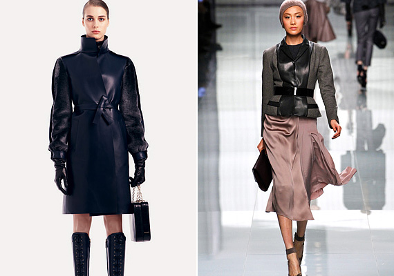 A divatjóslatok szerint a kombinált anyagú kabátoknak is nagy keletjük lesz idén. Bár a bőr alapvetően nehézkes, a Bally és a Christian Dior elképzelésében mégsem teszi merevvé a szövetet, sőt, mit sem ront a fazonok karcsúsított vonalán. /Forrás: www.style.com/