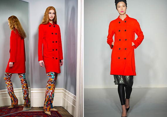 A piros kabátok imádni valók, bár a jobb oldali rétegezés kissé sántít a kilógó bronz szoknyával és a bőrhatású leggingsszel. Pedig a kabát vonalvezetése kifejezetten finom, így együtt azonban cseppet sem tűnnek elegánsnak. /Forrás: www.style.com/