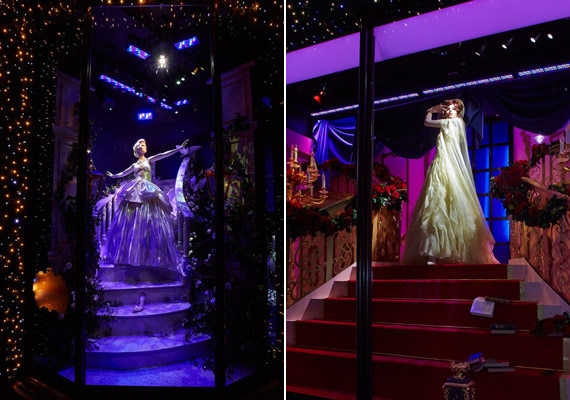 Hamupipőke - Versace-ruhában - és Belle a Szépség és a Szörnyetegből - Valentinóban -a lépcső tetején várják a herceget és a vásárlókat.