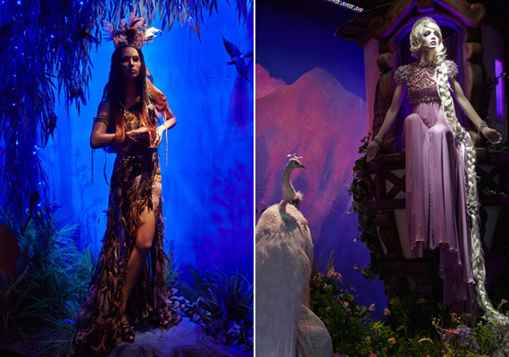 Pocahontas és Rapunzel is türelmesen vár a kirakatban. Előbbi Cavalliban, utóbbi pedig Jenny Packham-ruhájában. A tervezőnő ruháit egy valódi hercegné is szívesen viseli.