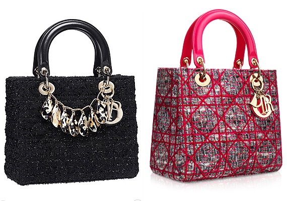 A tweed anyag is előtérbe került a retró irányzatoknak köszönhetően. A Dior gyönyörű tweed-táskákkal rukkolt elő. /Forrás: http://www.dior.com/