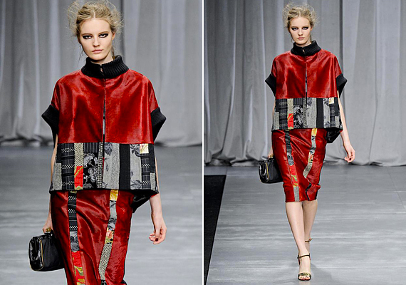 A gyönyörű, vörös bársony kabátka sportos pulóvernyakat kapott. /Forrás: http://www.fashionising.com/