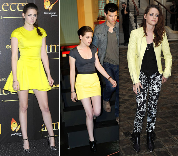 Szegény Kristen Stewartra valamiért mindig sárgát erőltetnek, pedig az ő színeivel nem szabadna viselni, főleg nem ilyen bántó neonsárgát.