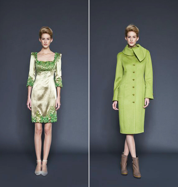 Az elegáns, szaloncukorpapírra emlékeztető zöld ruhához gyönyörű, banánzöld kabát passzol. /Forrás: http://www.manier.hu/