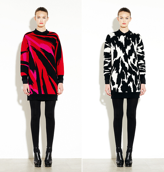 A nyolcvanas éveket idéző pulóverruhákkal már végre az utcai divatra is gondolt a tervezőnő: a fekete-fehér színpárosítást pedig élénk pink és piros párosítások törik meg. /Forrás: www.style.com/