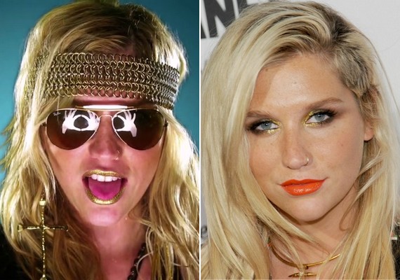 Kesha nem riad vissza az extrém sminkektől. Az arany rúzst is bevállalta, és az élénk, csillámos szemsmink is jól állt szőke hajához.