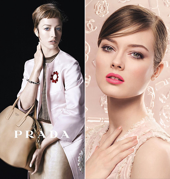 A Prada kampányában mézszínű kiegészítőkkel tűnik fel a halovány pasztellrózsaszín, a Chanel tavaszi sminkkollekciójában pedig a púderes rózsaárnyalatok uralkodnak. /Forrás: styleblog.ca; www.armocromia.com/