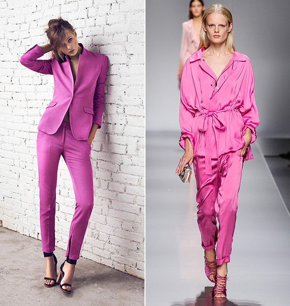 A Tiger of Sweden márka egy lilásabb beütésű fuksziaárnyalatot vett elő tavaszra, a Blumarine viszont az üde, ragyogó pink mellett döntött. /Forrás: fashiongonerogue.com; www.style.com/