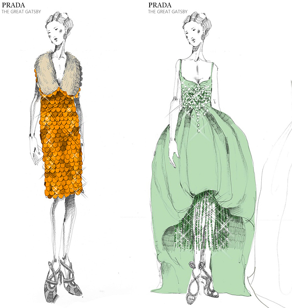 A narancssárga, műanyaglapokkal fedett organza ruhát egy flitterhímzéses kreáció ihlette, mely a Prada 2011-es őszi-téli kollekciójából való. A gyöngyökkel és csillogó kövekkel díszített, míderes ruha nem teljesen a húszas évekből adoptált sziluetteket követi, egy picit modernebb felfogásban tükrözi az akkori divatot. /Forrás: http://www.vogue.co.uk/