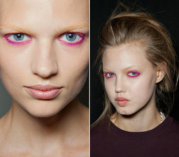 Donna Karan modelljei pink szemkeretezést kaptak, mely a legfeltűnőbb, uralkodó eleme a sminkjüknek. A halvány alapozó sápadt hatást kelt, az ajkakra pedig pasztellrózsaszín került. /Forrás: http://www.fashionising.com/