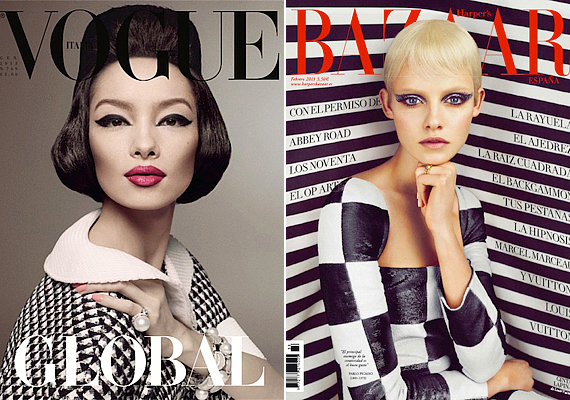 A Vogue Italia 2013-as januári címlapján a gyönyörű ázsiai modell, Sun Fei Fei a hatvanas éveket idézi meg fekete-fehér öltözékével és sminkjével. A spanyol Harper's Bazaar szintén a hatvanas évek retró hangulatát kapta el a pepita ruhával, melyet Ginta Lapina visel. A csillogó cicasminktől azonban egészen más hangulatot kap a fekete-fehér öltözék. /Forrás: http://www.justjared.com//