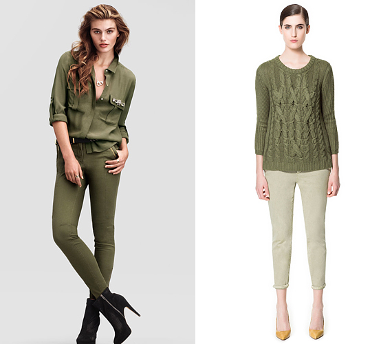A H&M kínálatában 8990 forintért bukkanhatsz khaki blúzra és nadrágra, a Zara katonai stílusú pulóverét pedig 7595 forintért vásárolhatod meg. /Forrás: www.hm.com; www.zara.com/