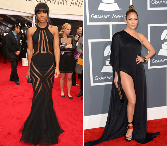 Kelly Rowland geometrikus mintákkal ingerelte a fotósokat Georges Chakra-ruhájában, Jennifer Lopez pedig megmutatta, hogy kell ízlésesen minél több bőrfelületet kitenni, ezúttal Anthony Vaccarello-ruhában.