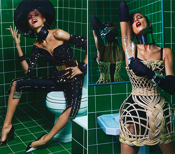Kedélyesen cigizget a vécén Anja Rubik, és ki tudja, milyen indíttatásból, de a Dolce & Gabbana piknikkosárra emlékeztető ruhájában borotválja a hónalját. /Forrás: http://www.thefrontrowview.com/