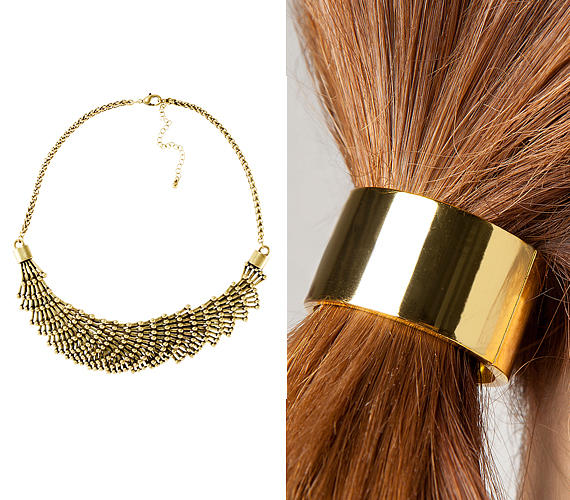 A fémes, aranyszínű kiegészítők most nagyon divatosak: a H&M óarany tónusú nyaklánca 2990 forint, a Bershka hajcsatja 1395 forint. /Forrás: www.hm.com; www.bershka.com/