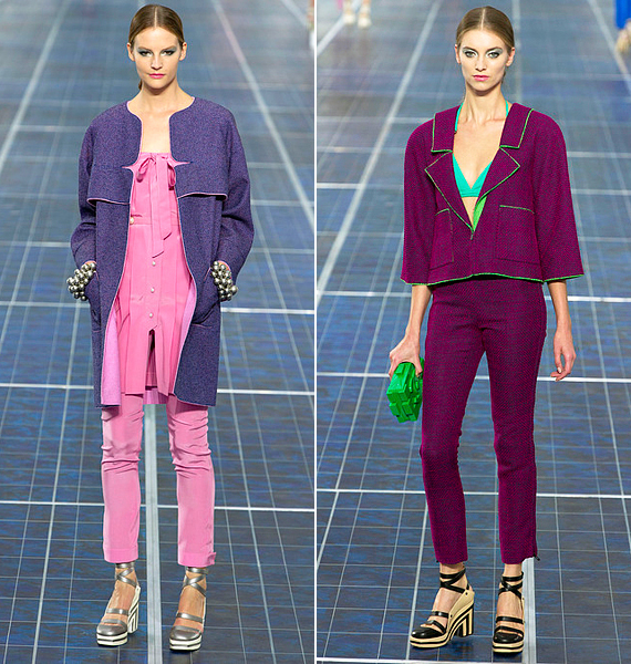 Rózsaszínnel és rikító árnyalatokkal modernizálta Lagerfeld a retró fazonokat. /Forrás: www.style.com/
