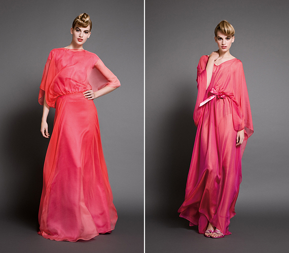Könnyedebb stílusú, színátmenetes ruhák, barackos pinkben. /Forrás: http://www.daalarna.hu/