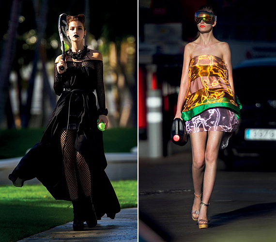 Gótikus sportos lányként is felbukkan Palvin Barbi, Valerija Kelava pedig futurisztikus, holografikus ruhában sétágat az utcán. /Forrás: http://fashiongonerogue.com/