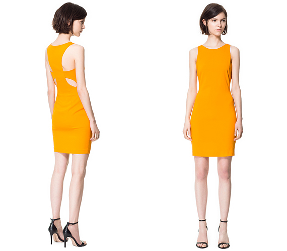 A Zara rafinált hátú, narancssárga ruhája 17 995 forint. /Forrás: www.zara.com/