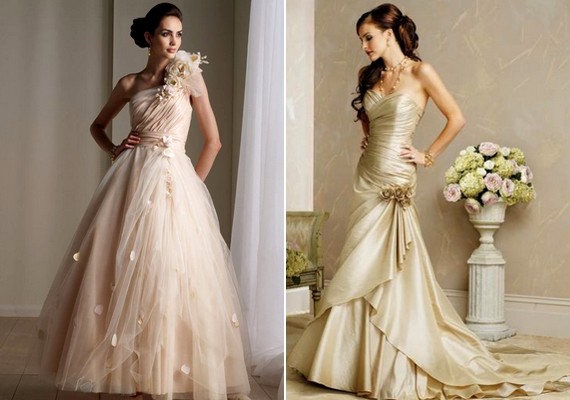 Hasonló kategória a bézs, krémszínű vagy pezsgőszínű esküvői ruha.